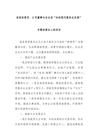县政协委员、公司董事长在全县“加快现代服务业发展”专题协商会上的发言
