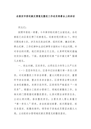 在落实市委巡察反馈意见整改工作动员部署会上的讲话