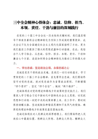 三中全会精神心得体会：忠诚、信仰、担当、本领、责任、干劲与廉洁的深刻践行