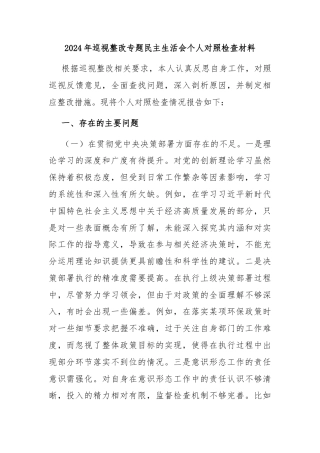 2024年巡视整改专题民主生活会个人对照检查材料