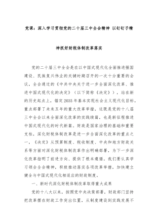 党课：深入学习贯彻党的二十届三中全会精神 以钉钉子精神抓好财税体制改革落实