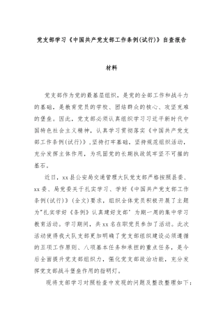党支部学习《中国共产党支部工作条例(试行)》自查报告材料