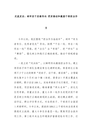 交流发言：树牢实干实绩导向 更好推动和激励干部担当作为