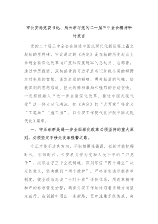 市公安局党委书记、局长学习党的二十届三中全会精神研讨发言