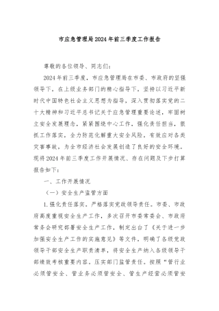 市应急管理局2024年前三季度工作报告