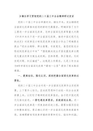 乡镇长学习贯彻党的二十届三中全会精神研讨发言