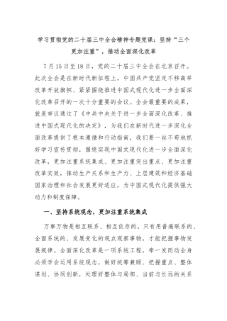 学习贯彻党的二十届三中全会精神专题党课：坚持“三个更加注重”，推动全面深化改革