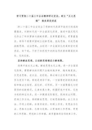 学习贯彻二十届三中全会精神研讨发言：树立“五大思维” 做改革促进派