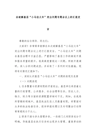 在破解基层“小马拉大车”突出问题专题会议上的汇报发言