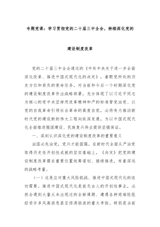 专题党课：学习贯彻党的二十届三中全会，持续深化党的建设制度改革