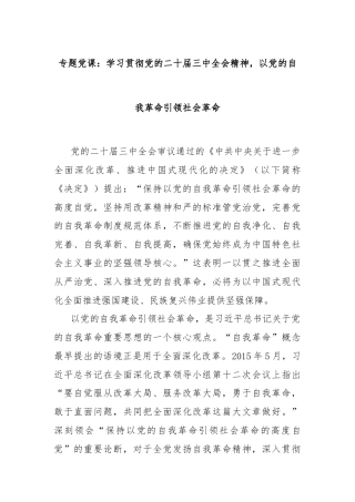 专题党课：学习贯彻党的二十届三中全会精神，以党的自我革命引领社会革命