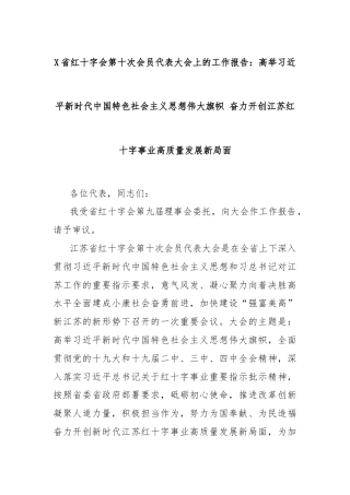 X省红十字会第十次会员代表大会上的工作报告：高举习近平新时代中国特色社会主义思想伟大旗帜 奋力开创江苏红十字事业高质量发展新局面