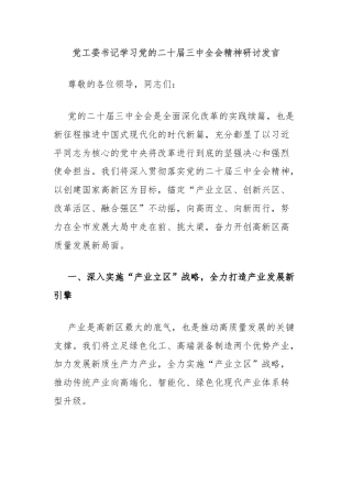 党工委书记学习党的二十届三中全会精神研讨发言