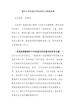 铸牢中华民族共同体意识主题演讲稿