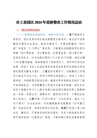 市工业园区2024年巡察整改工作情况总结