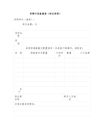 采购计划备案表（协议供货）