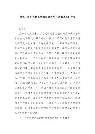 党课：始终保持以党的自我革命引领推动组织建设