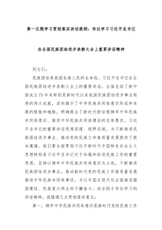 第一议题学习贯彻落实讲话提纲：传达学习习近平总书记在全国民族团结进步表彰大会上重要讲话精神