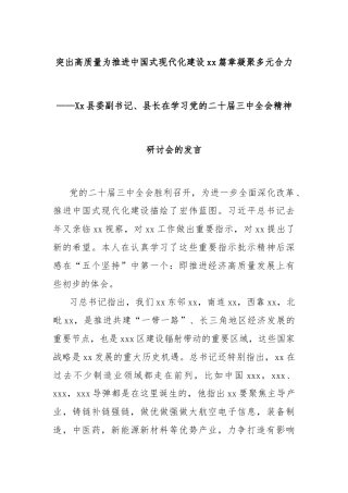 突出高质量为推进中国式现代化建设xx篇章凝聚多元合力——Xx县委副书记、县长在学习党的二十届三中全会精神研讨会的发言