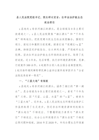 县人民法院党组书记、院长研讨发言：扛牢法治护航生态政治责任