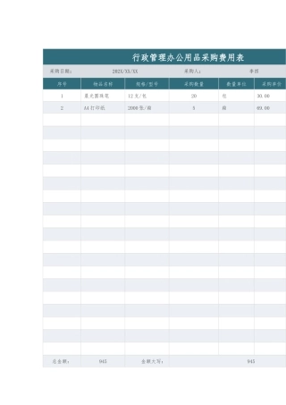 行政管理办公用品采购费用表