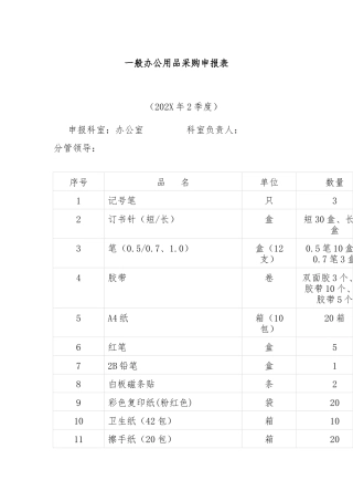 一般办公用品采购申报表