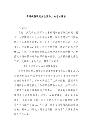 在巡视整改民主生活会上的总结讲话