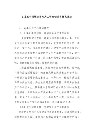X县水利领域安全生产工作责任落实情况总结