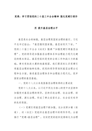 党课：学习贯彻党的二十届三中全会精神 强化党建引领作用 提升基层治理水平