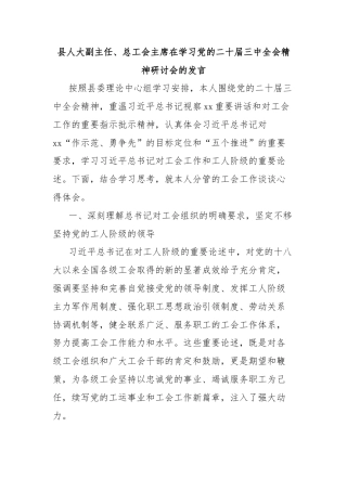 县人大副主任、总工会主席在学习党的二十届三中全会精神研讨会的发言