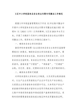 X区中小学校园食品安全突出问题专项整治工作情况