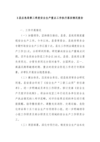 X县应急局第三季度安全生产重点工作执行落实情况报告