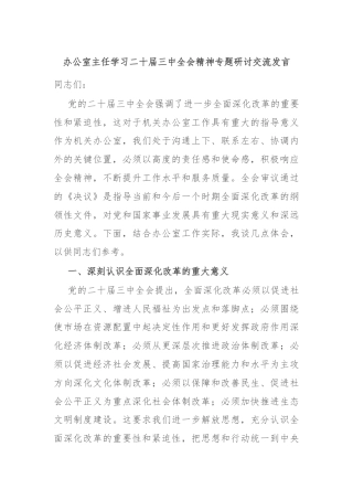 办公室主任学习二十届三中全会精神专题研讨交流发言