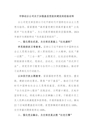 市移动分公司关于加强基层党组织建设的经验材料
