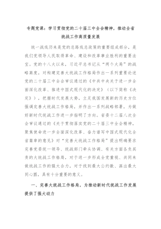 专题党课：学习贯彻党的二十届三中全会精神，推动全省统战工作高质量发展