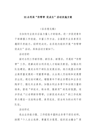 XX水利局“传帮带 促成长”活动实施方案