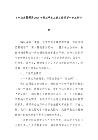 X市应急管理局2024年第三季度工作总结及下一步工作计划