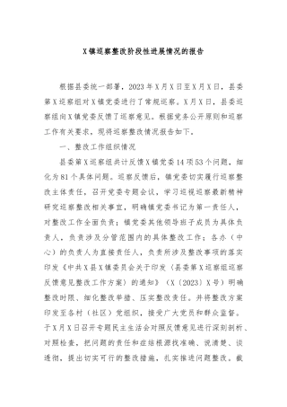 X镇巡察整改阶段性进展情况的报告