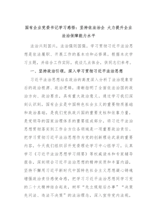 国有企业党委书记学习感悟：坚持依法治企 大力提升企业法治保障能力水平