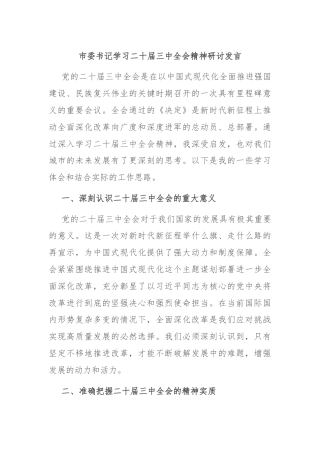 市委书记学习二十届三中全会精神研讨发言