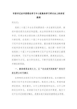 市委书记在市委理论学习中心组集体学习研讨会上的讲话提纲