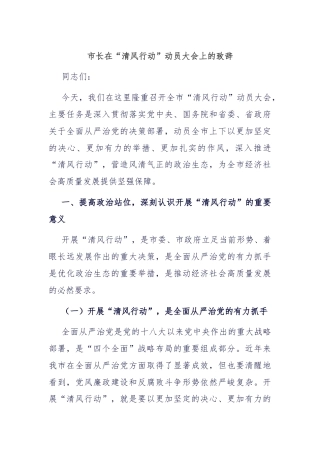 市长在“清风行动”动员大会上的致辞