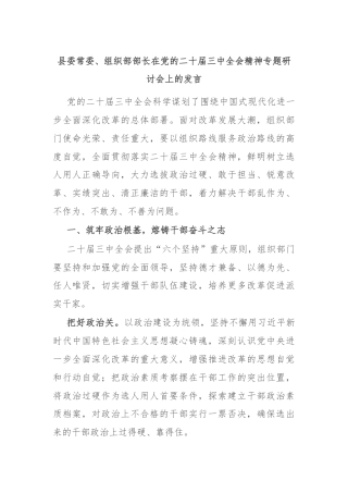 县委常委、组织部部长在党的二十届三中全会精神专题研讨会上的发言