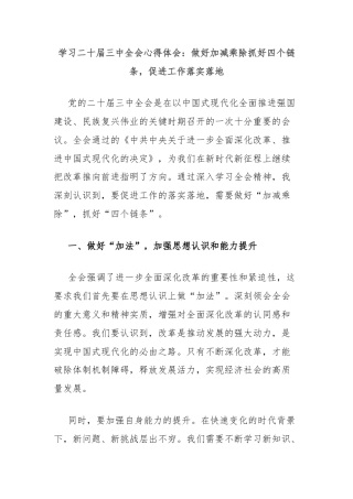 学习二十届三中全会心得体会：做好加减乘除抓好四个链条，促进工作落实落地