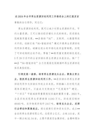 在2024年全市再生资源回收利用工作推进会上的汇报发言