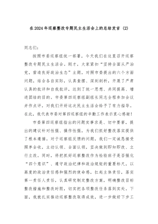 在2024年巡察整改专题民主生活会上的总结发言 (2)
