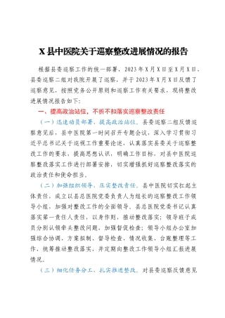 X县中医院关于巡察整改进展情况的报告