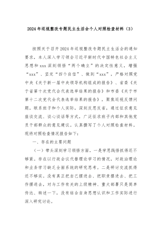 2024年巡视整改专题民主生活会个人对照检查材料（3）