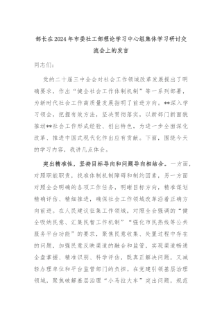 部长在2024年市委社工部理论学习中心组集体学习研讨交流会上的发言