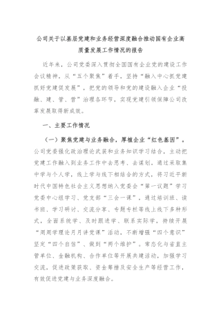 公司关于以基层党建和业务经营深度融合推动国有企业高质量发展工作情况的报告